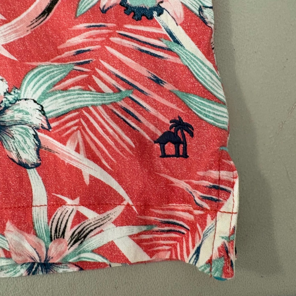 Caribbean Joe Mens Large Tropical Floral Rayon Button Down Shirt Coral Pink Blue - Picture 8 of 8